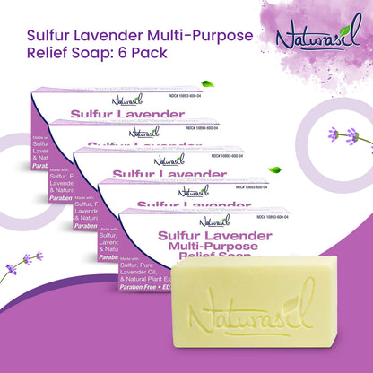 Naturasil Sulfur Lavender Multi-Purpose Relief Soap packaging with 6 bars of soap on a lavender background