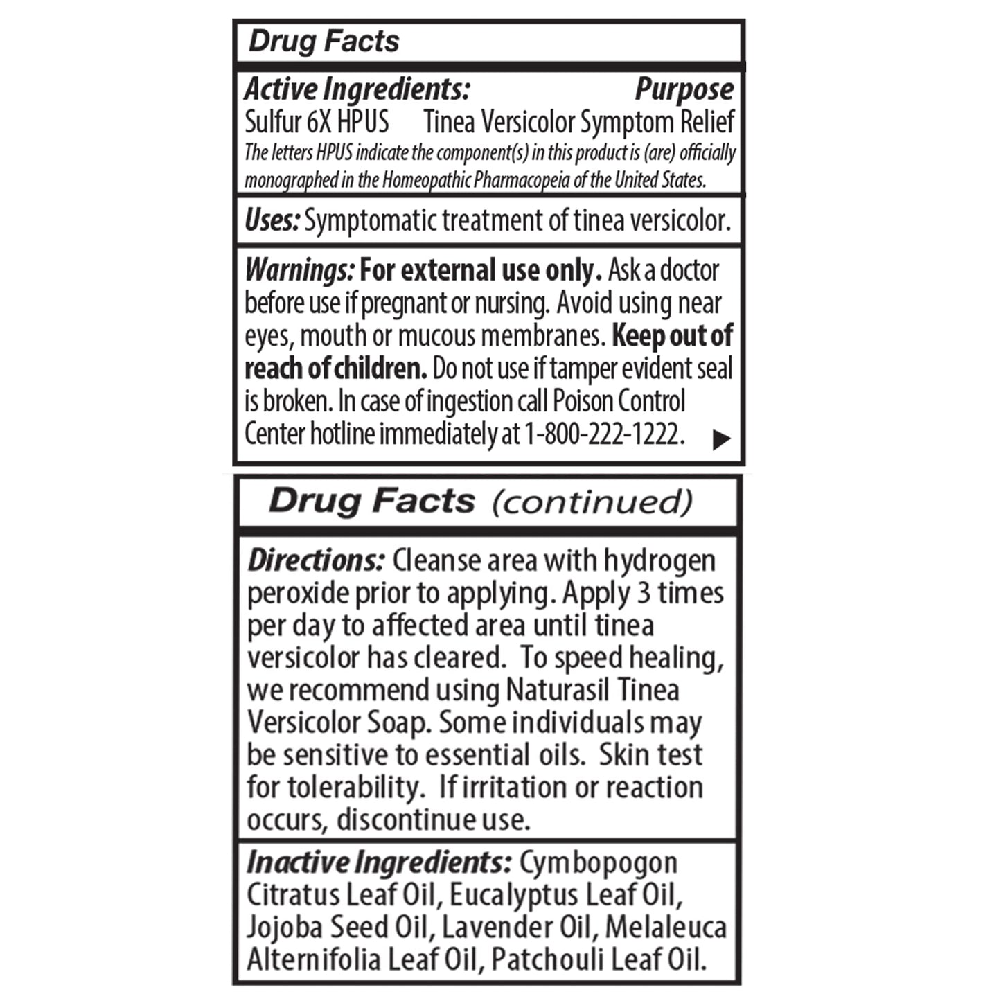 Drug facts label for a homeopathic treatment of tinea versicolor topical oil on a white background