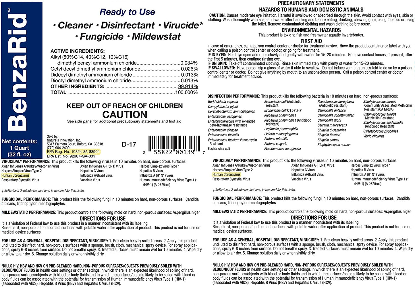 BenzaRid Professional Disinfectant 32 oz | EPA Registered - Naturasil