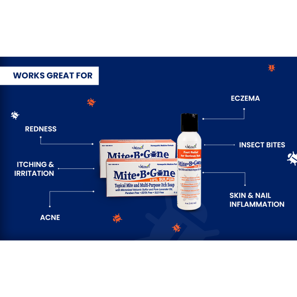 Kit de tratamiento Mite-B-Gone | Loción de azufre al 10% (4 oz) + Jabón multiusos para la picazón (4 oz)