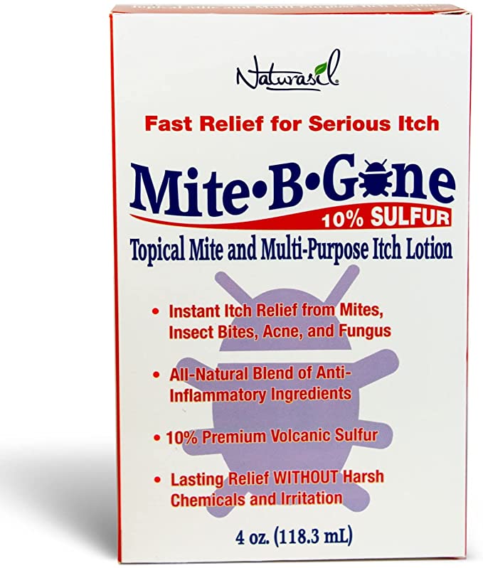 Mite-B-Gone 10% Sulfur Lotion (4oz) | Itch Relief from Mites, Insect Bites, Acne, and Fungus - Naturasil