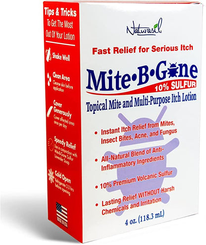 Mite-B-Gone 10% Sulfur Lotion (4oz) | Itch Relief from Mites, Insect Bites, Acne, and Fungus - Naturasil